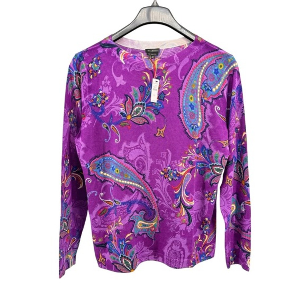 NEW Talbots 100% Merino Wool Sweater Womens XL Pullover Purple Paisley Print